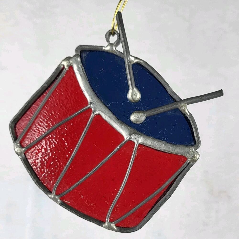 VTG Handmade Stained Glass Christmas Drum Sun Catcher 3.5" MCM Holiday Decor